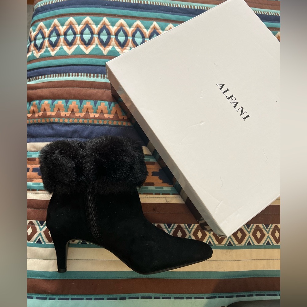 Alfani black suede boots with black fur collar.  Never worn in original box!